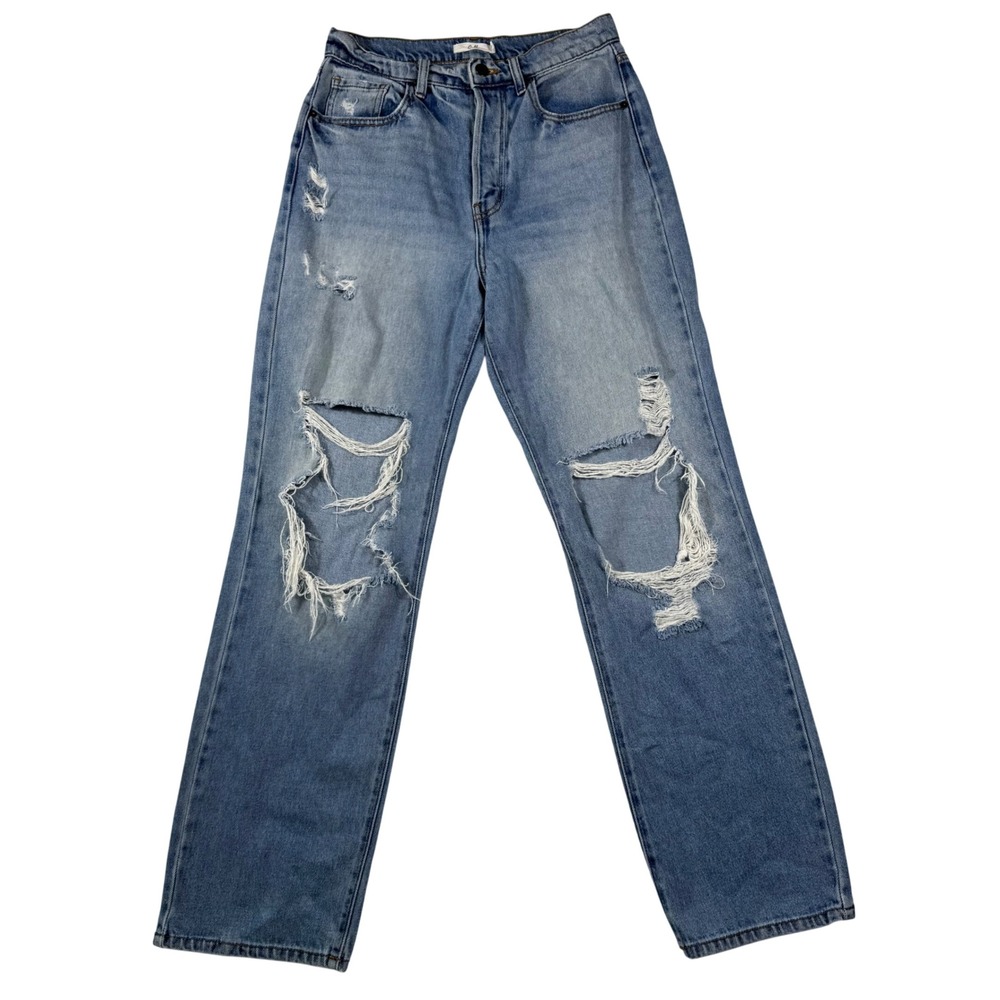 Cello High Rise Distressed Straight Leg Jeans Size 5/27 Blue Button Fly Cotton